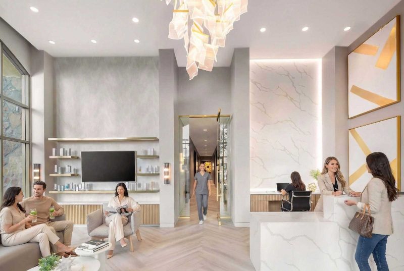 Med spa reception area, men and women chat