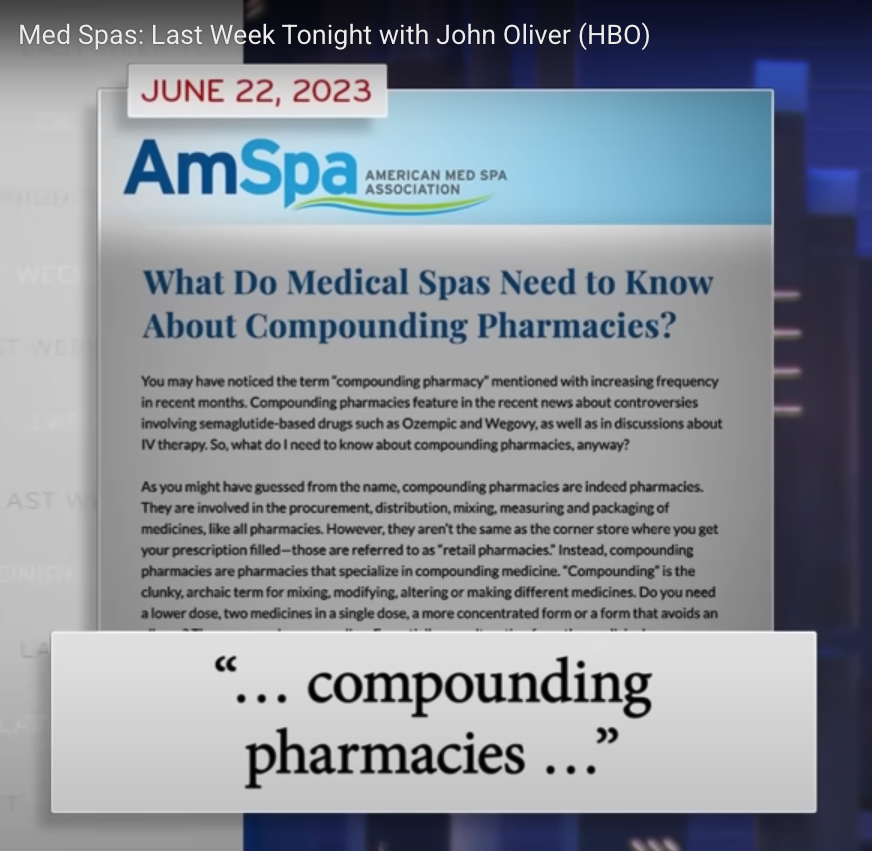 Frame from Last Week Tonight highlighting quote from an AmSpa article on compounding pharmacies.