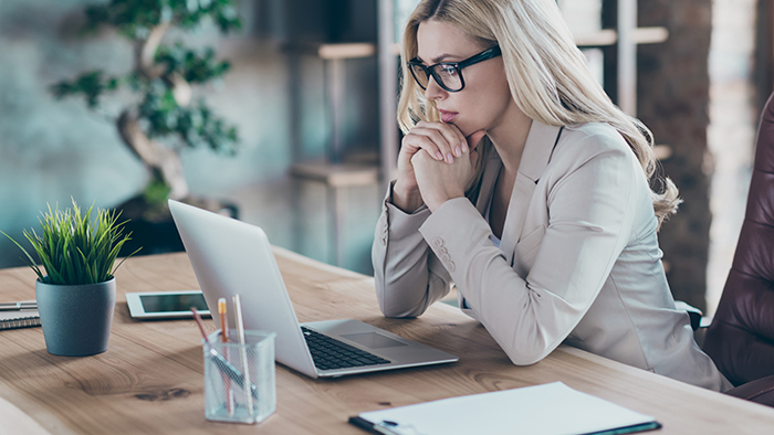 Profile photo of beautiful business lady resourceful person looking seriously notebook table watching online training minded sit chair formalwear blazer modern office