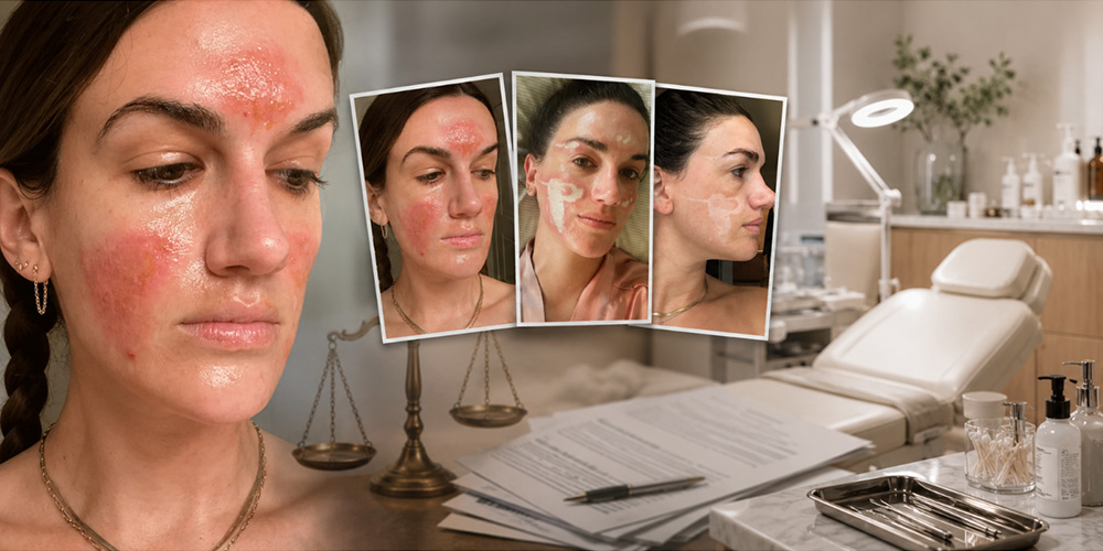 amspa-sonyadakar-victorianelson-peel-reaction Victoria Nelson, displaying aftermath of chemical burns from peel administered by Sonya Dakar