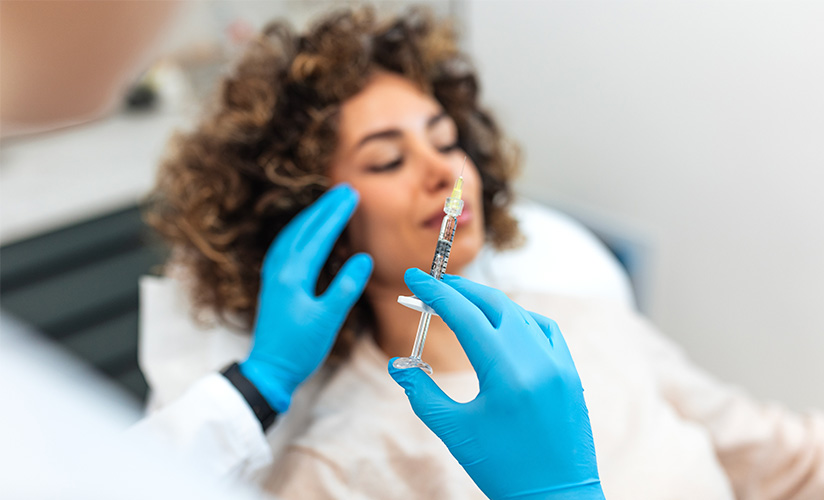 Preparing cosmetic injection for woman's face.